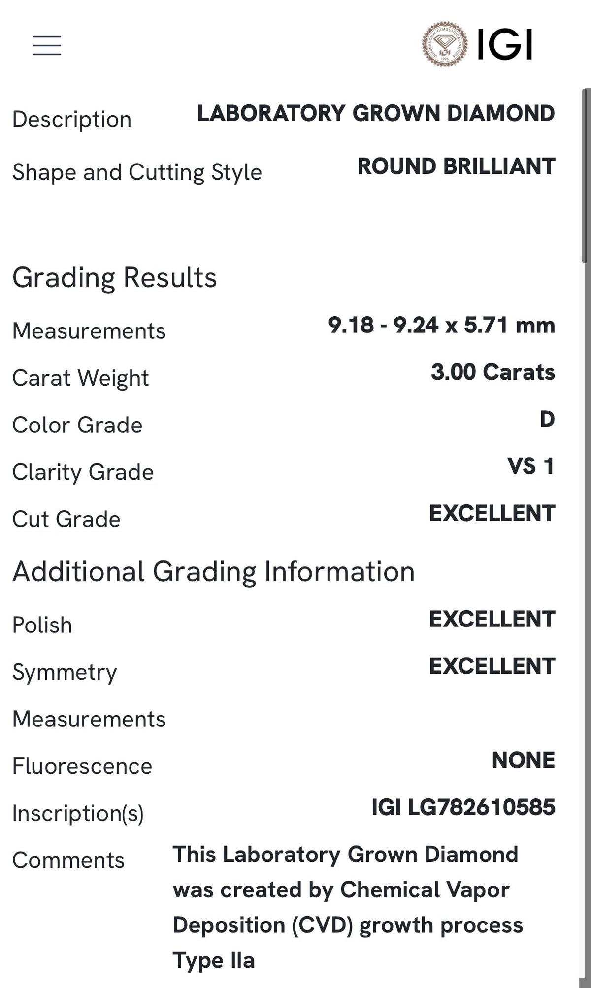 Yellow gold IGI certified 3.0ct round lab diamond and tapered baguette lab diamond ring. Round measures 9.18x5.71mm