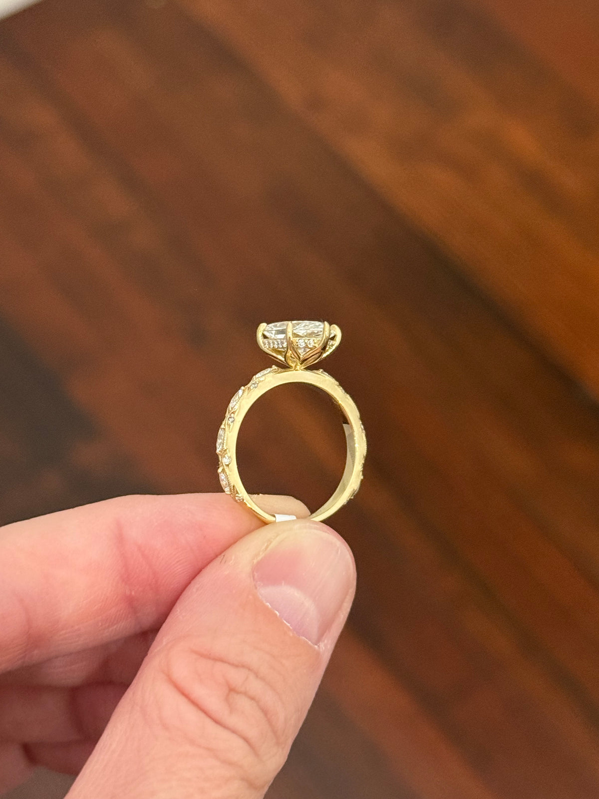 Yellow gold IGI certified 3.06ct duchess cut lab diamond and marquise and round lab diamond ring. Duchess cut measures 14.04x7.01x4.71mm