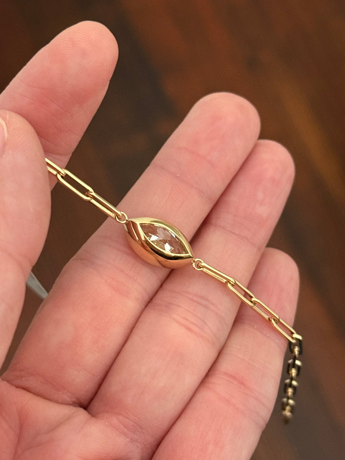 Yellow gold paperclip IGI certified 3.08ct marquise lab diamond bracelet. Marquise measures 14.9x7.54x4.80mm