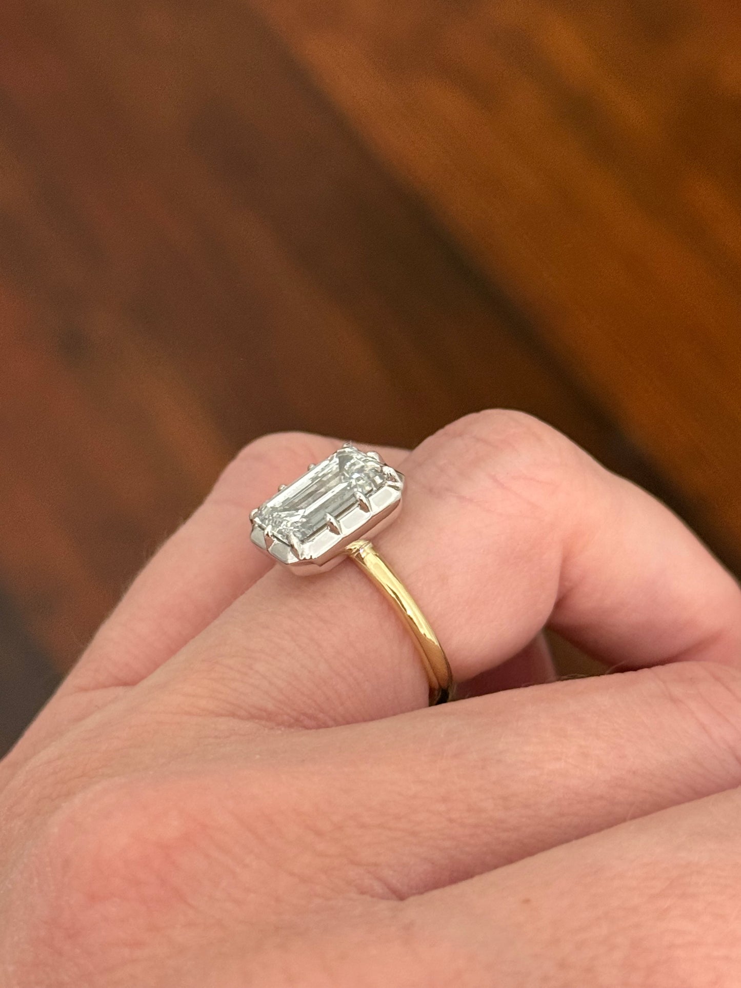 Georgian set IGI certified 4.11ct emerald cut lab diamond ring. Lab diamond is set in white gold and band is yellow gold