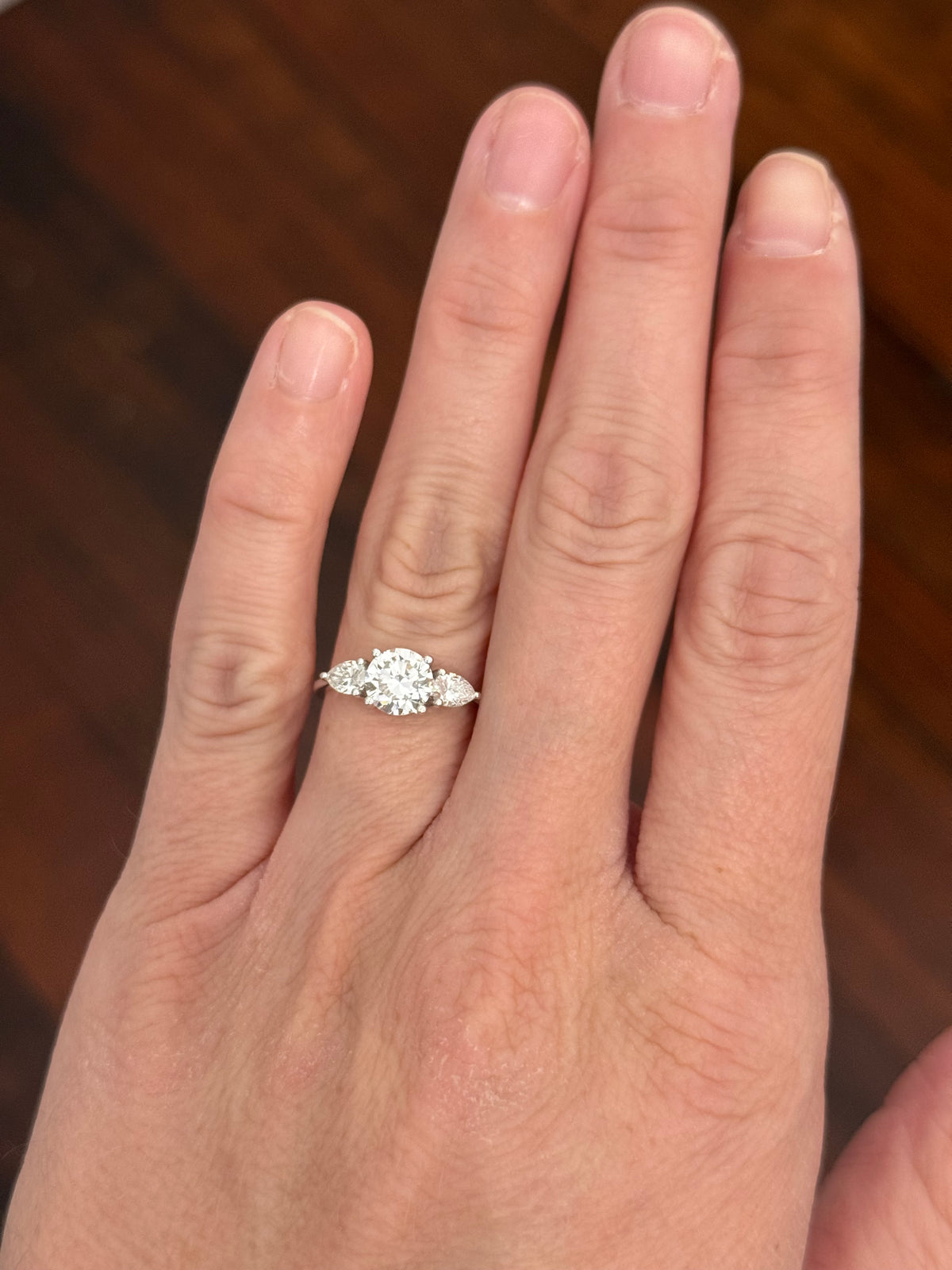 White gold round and pear shape lab diamond ring