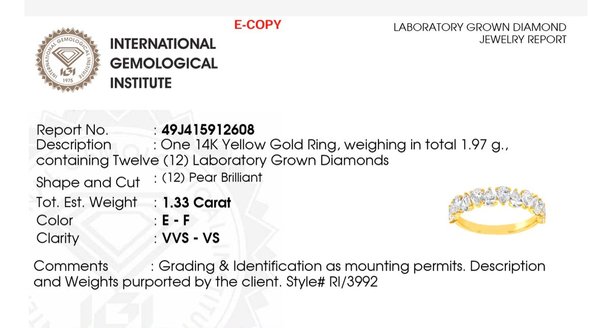 IGI certified 1.33ct pear shaped lab diamond band