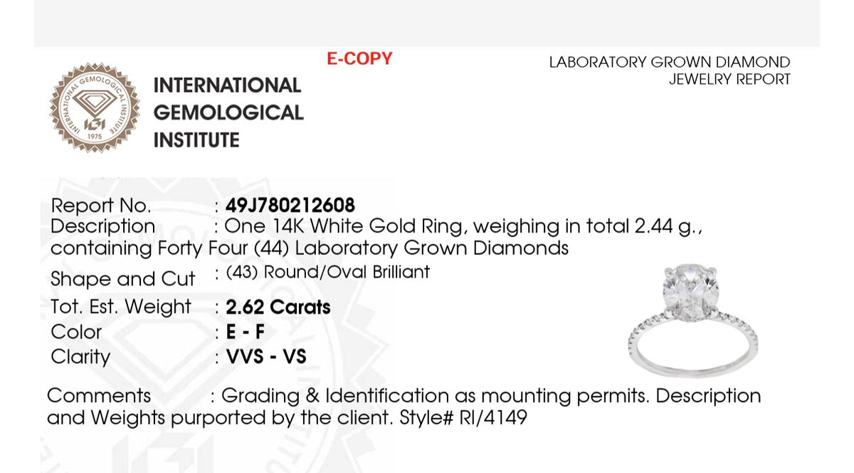 IGI certified oval lab diamond ring. Center stone is 2.31cts