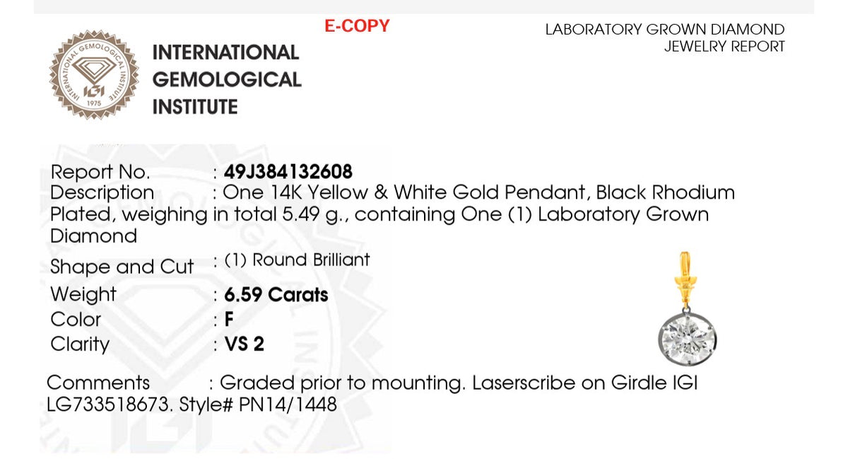 IGI certified 6.59ct lab diamond pendant