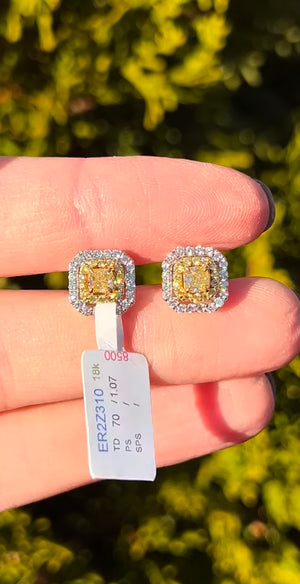 White gold cushion cut yellow diamond and white diamond stud earrings natural