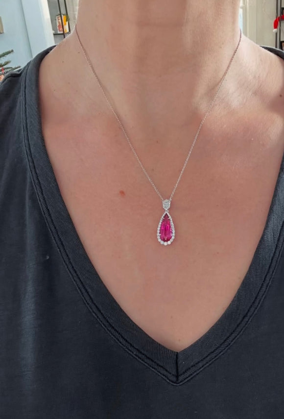 White Gold Pear Shape Pink Tourmaline And Diamond Necklace Natural