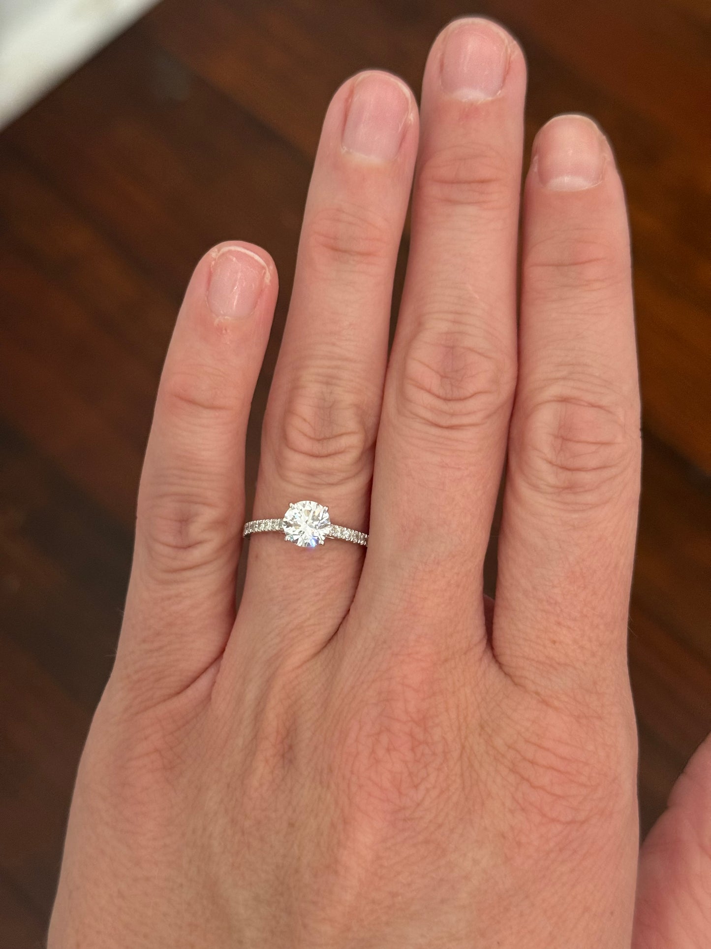 White gold 1.36ct lab diamond ring. Center stone is 1.09cts and measures 6.2mm