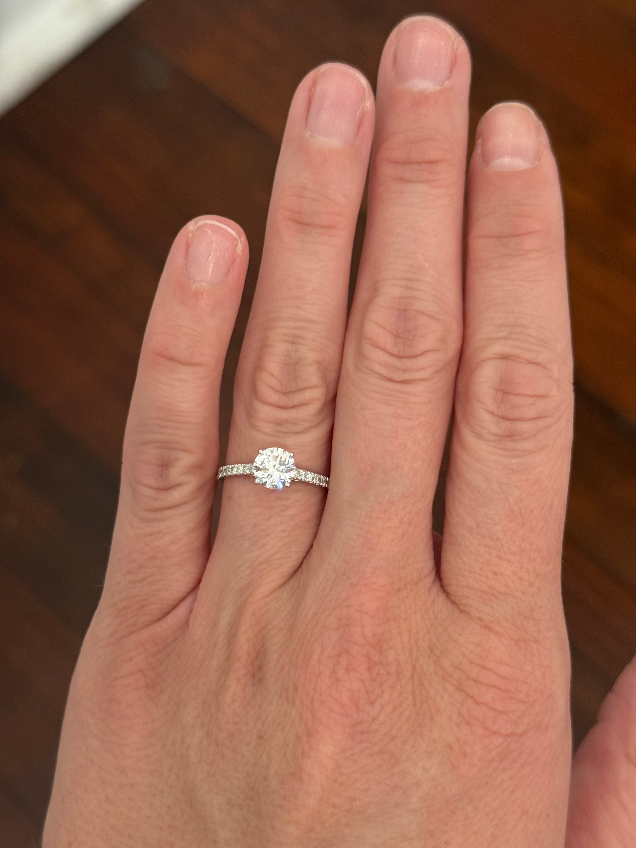 White gold 1.36ct lab diamond ring. Center stone is 1.09cts and measures 6.2mm