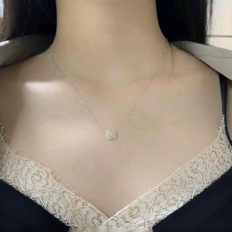 18K White Gold Real Natural Yellow Diamond Pendant Necklace