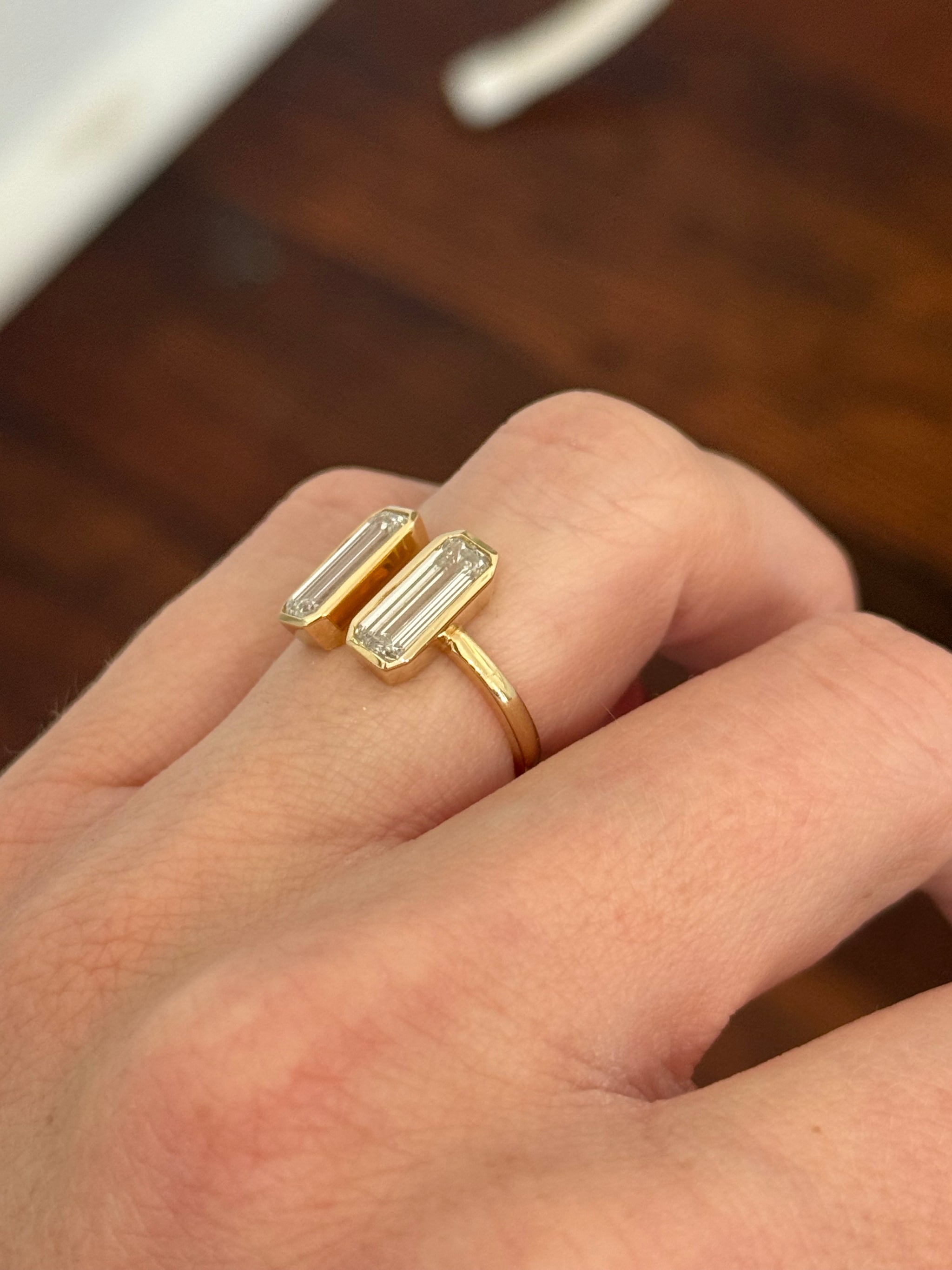 Yellow gold bezel set baguette lab diamond ring
