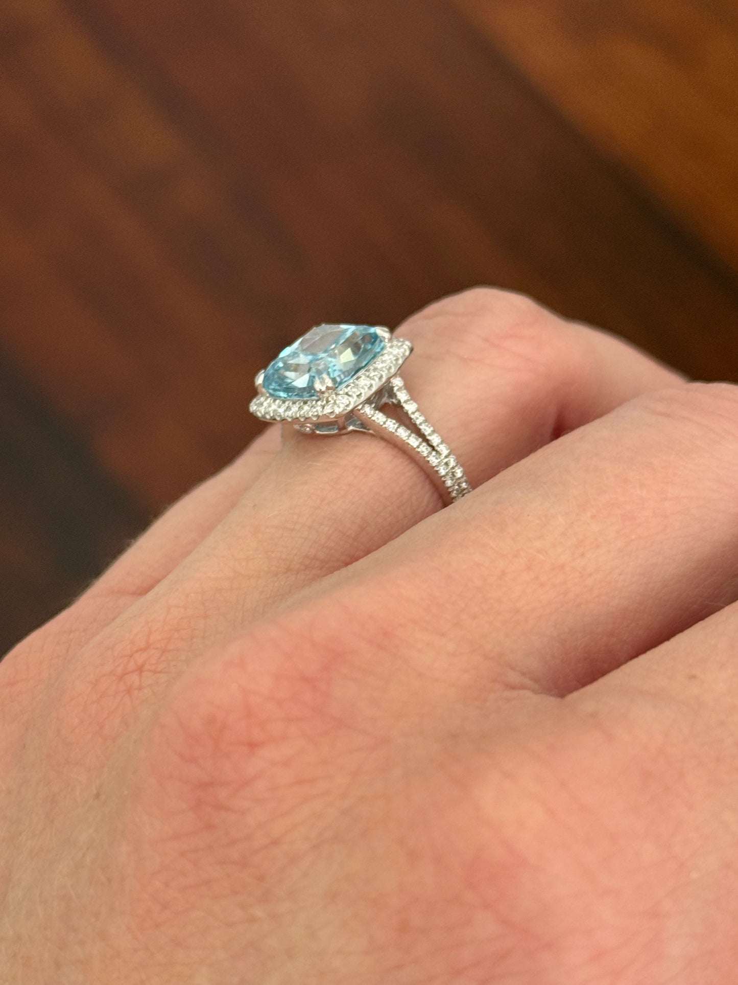 White gold cushion cut blue lab diamond and white lab diamond ring