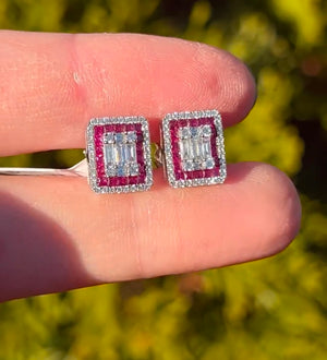 White gold diamond and ruby emerald shape stud earrings natural