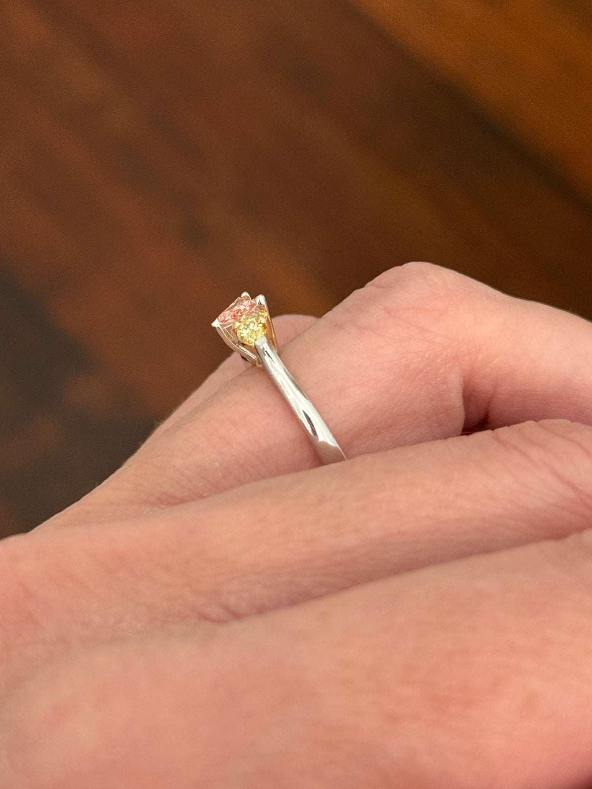 White gold pink and yellow lab diamond ring. Yellow lab diamonds are set in yellow gold.