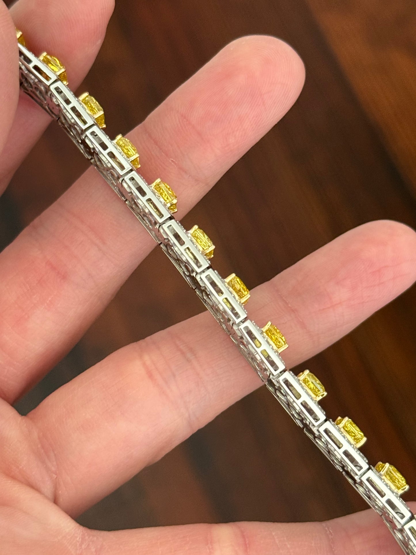 White gold 17.1ct cushion yellow lab diamond and round white lab diamond bracelet