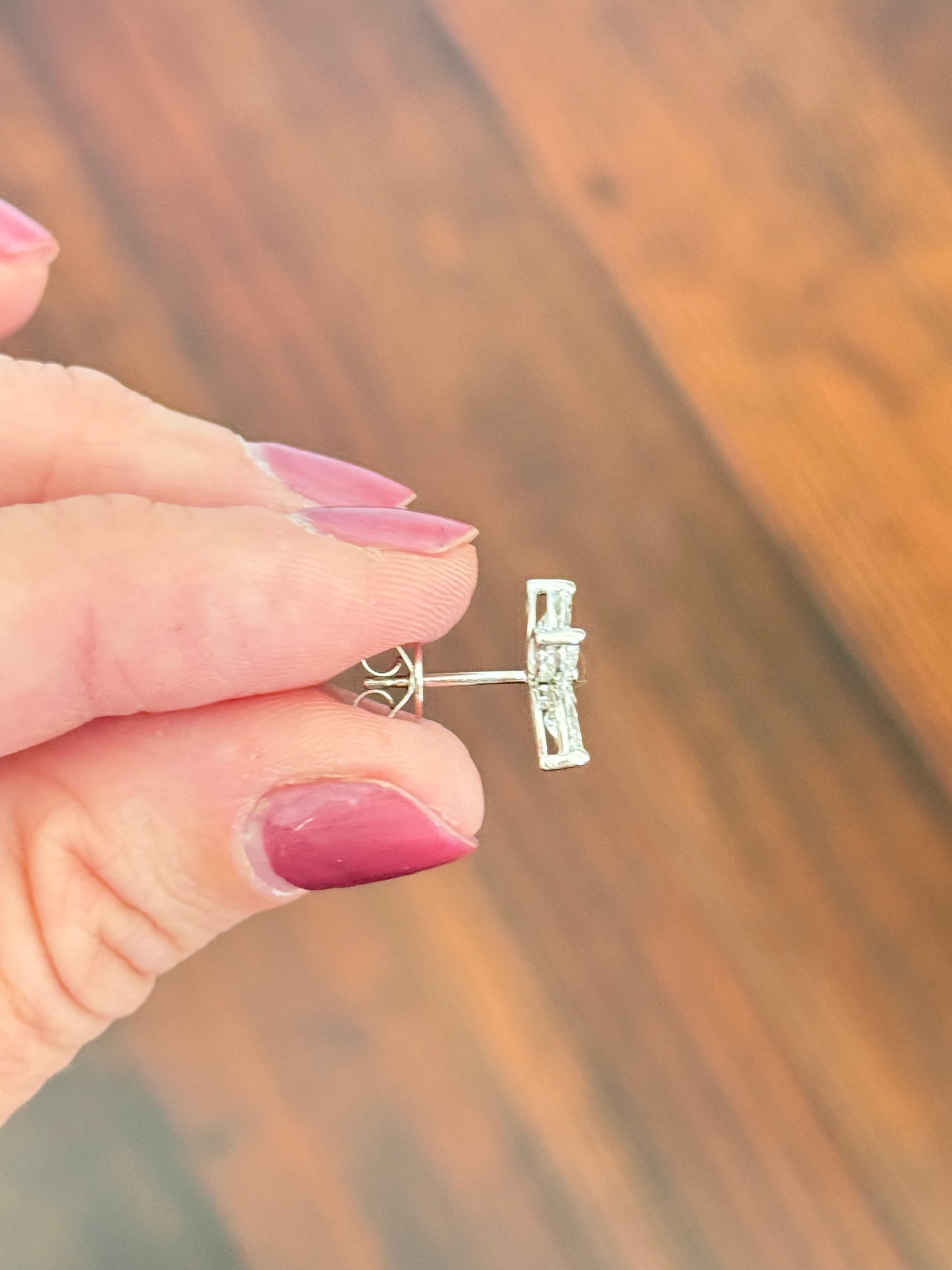 White gold flower stud earrings with marquise lab diamonds and push backs