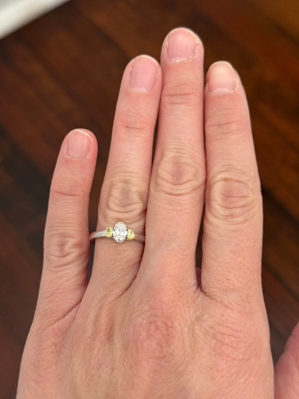 White gold 0.9ct yellow and white oval lab diamond ring