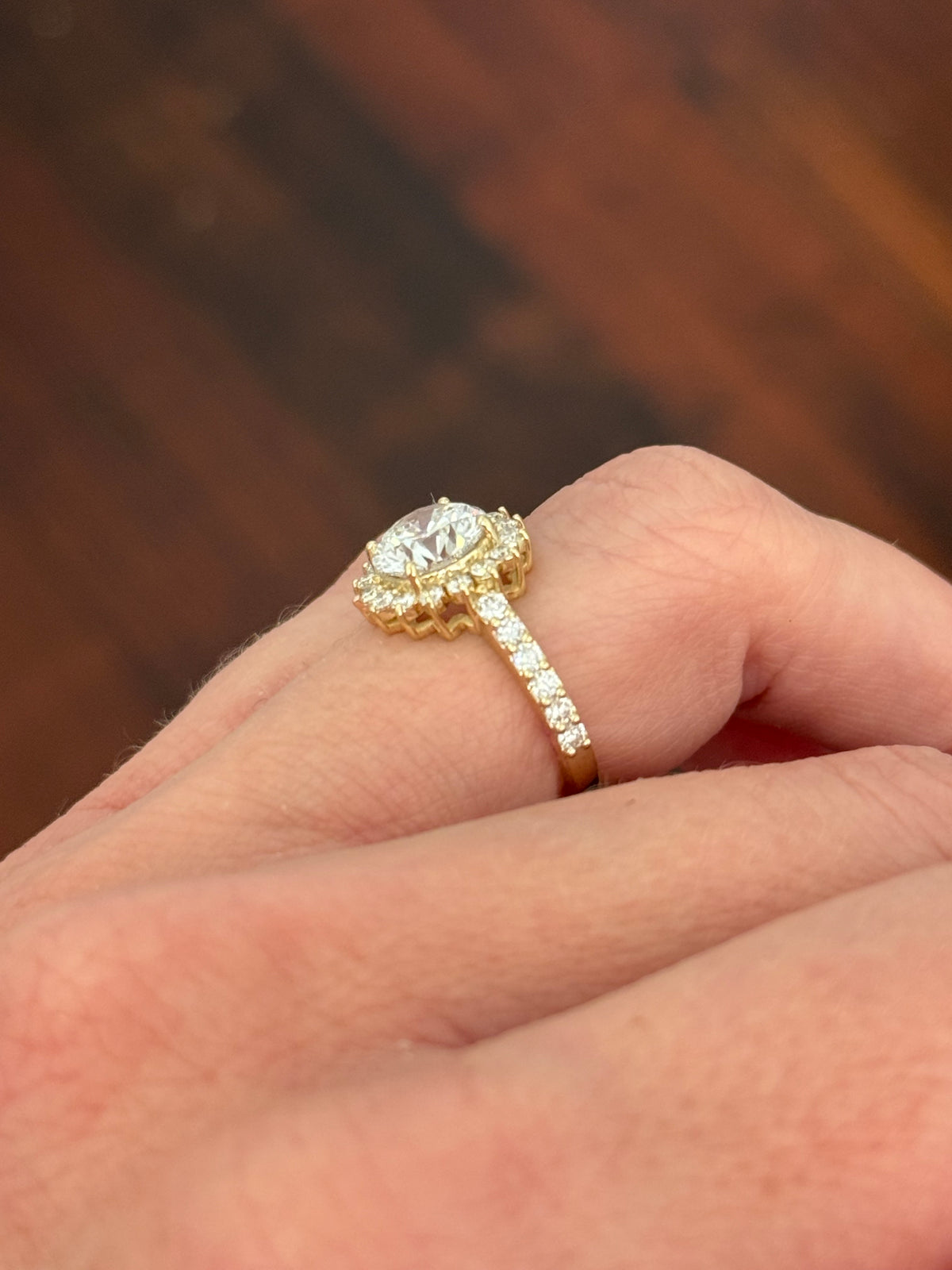 IGI certified yellow gold round lab diamond ring. Center stone is 1.85cts and 7.4mm