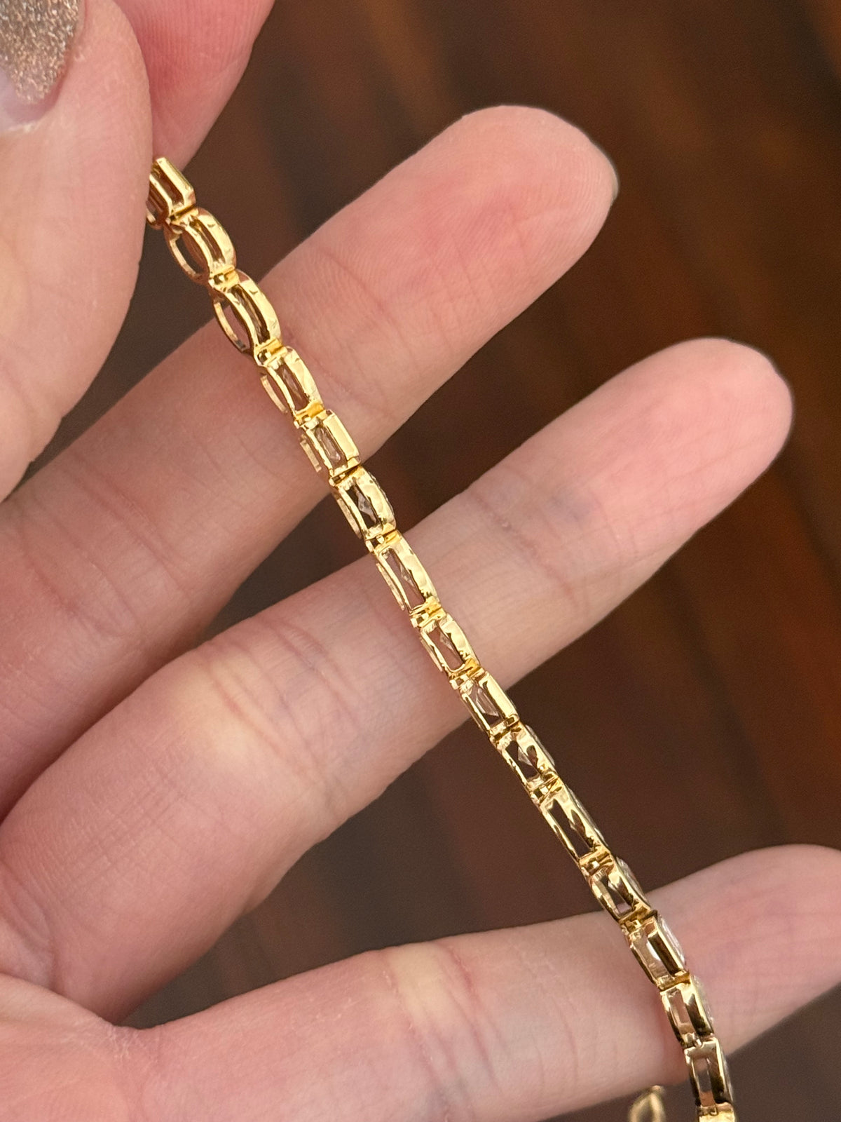Yellow gold bezel set 5.35ct oval, marquise, pear shape and emerald cut natural diamond bracelet