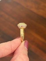 Yellow gold east west set cushion cut yellow lab diamond and white lab diamond and lab ruby ring