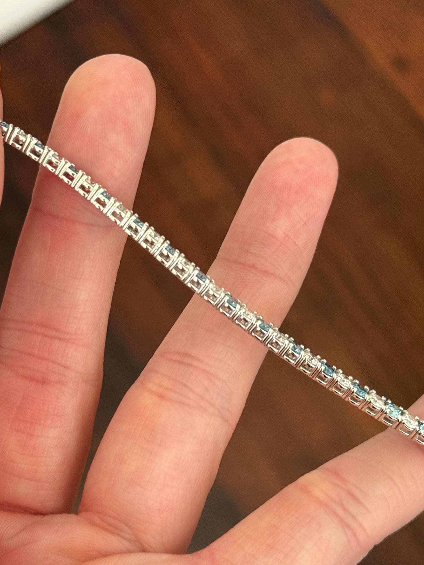 4 prong white gold 4.9ct blue and white lab diamond tennis bracelet