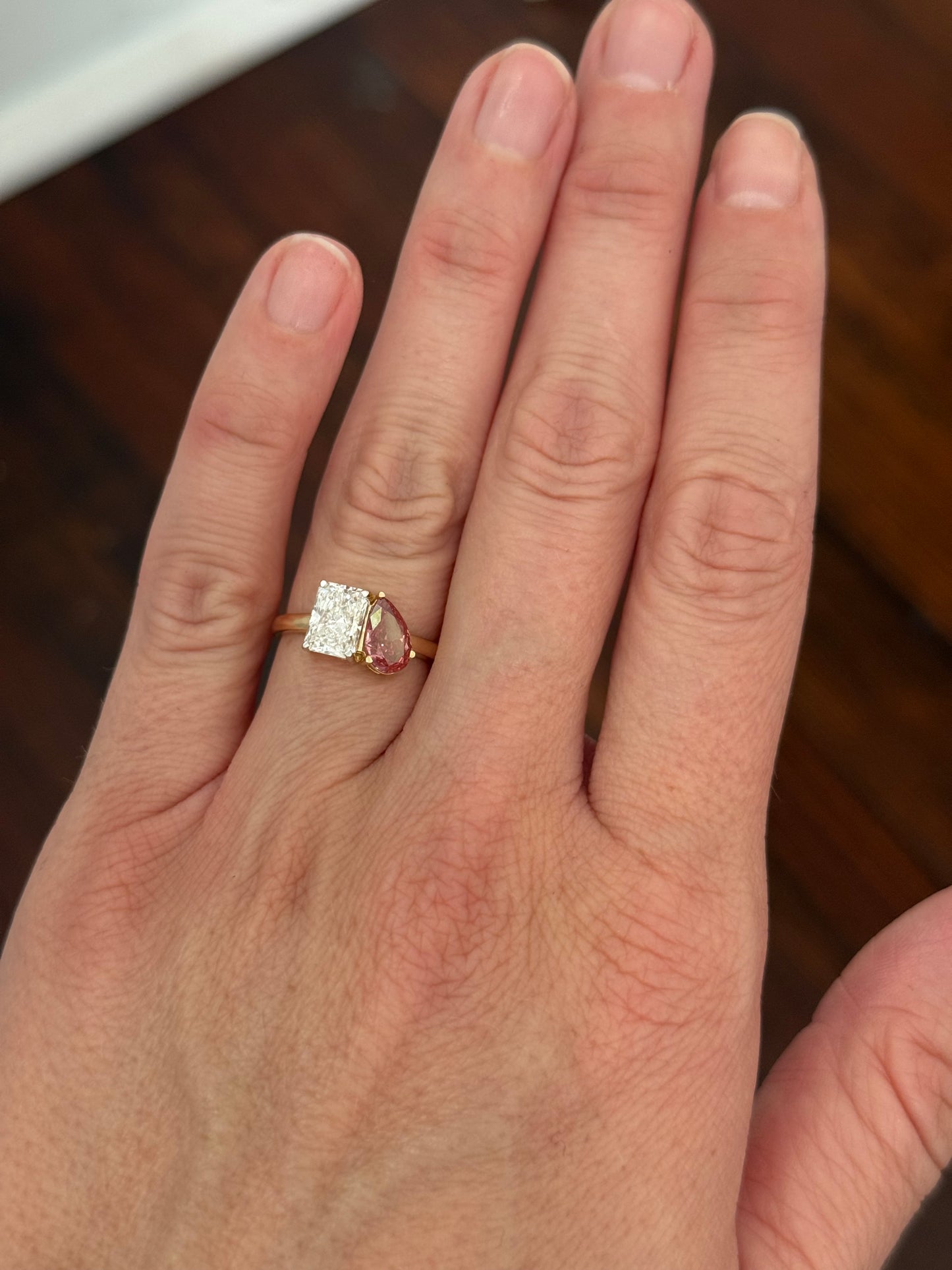 Yellow gold pear shape pink lab diamond and radiant white lab diamond ring