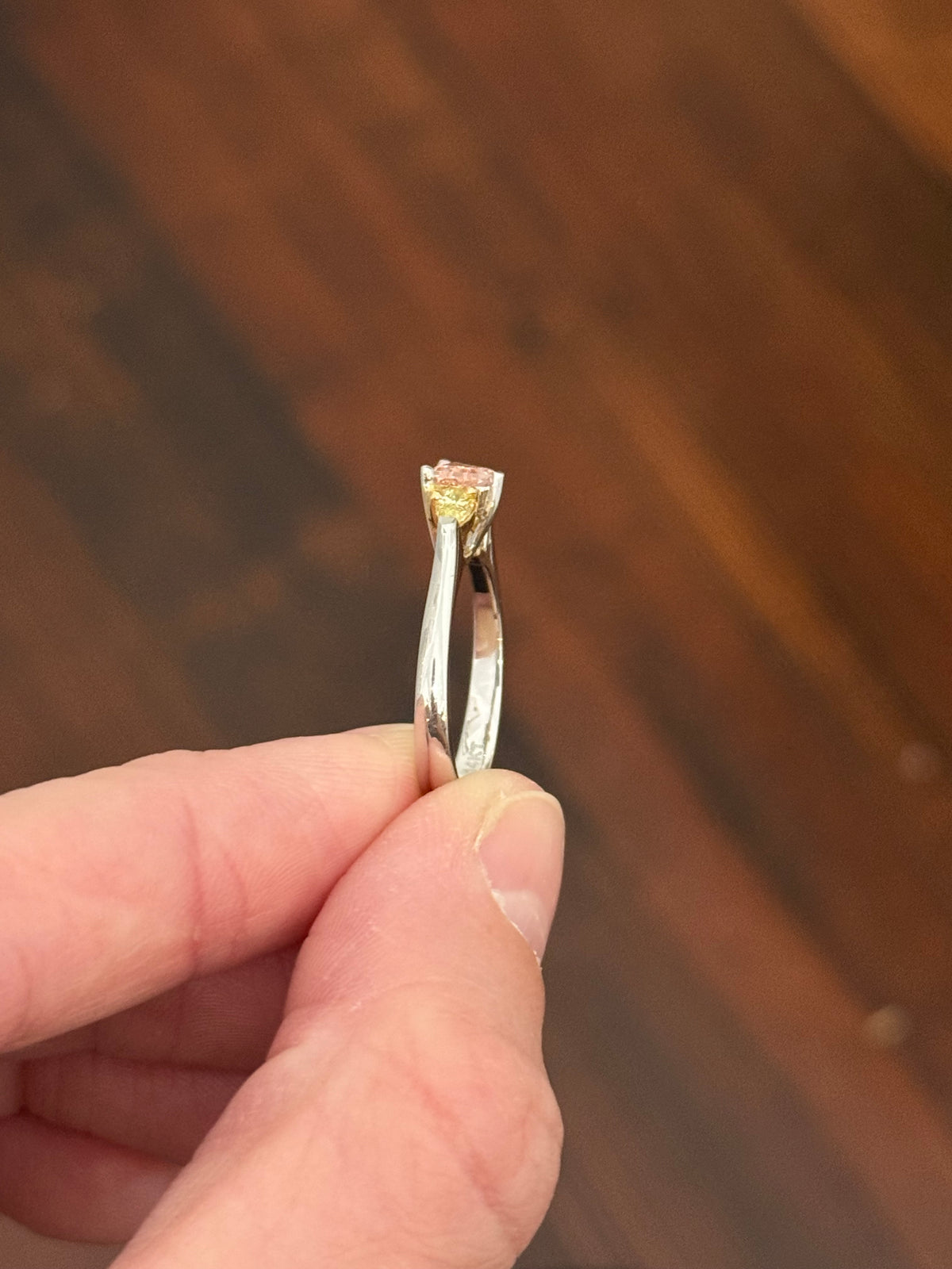 White gold pink and yellow lab diamond ring. Yellow lab diamonds are set in yellow gold.