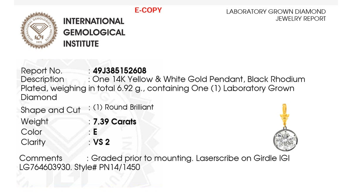 IGI certified 7.39ct lab diamond pendant