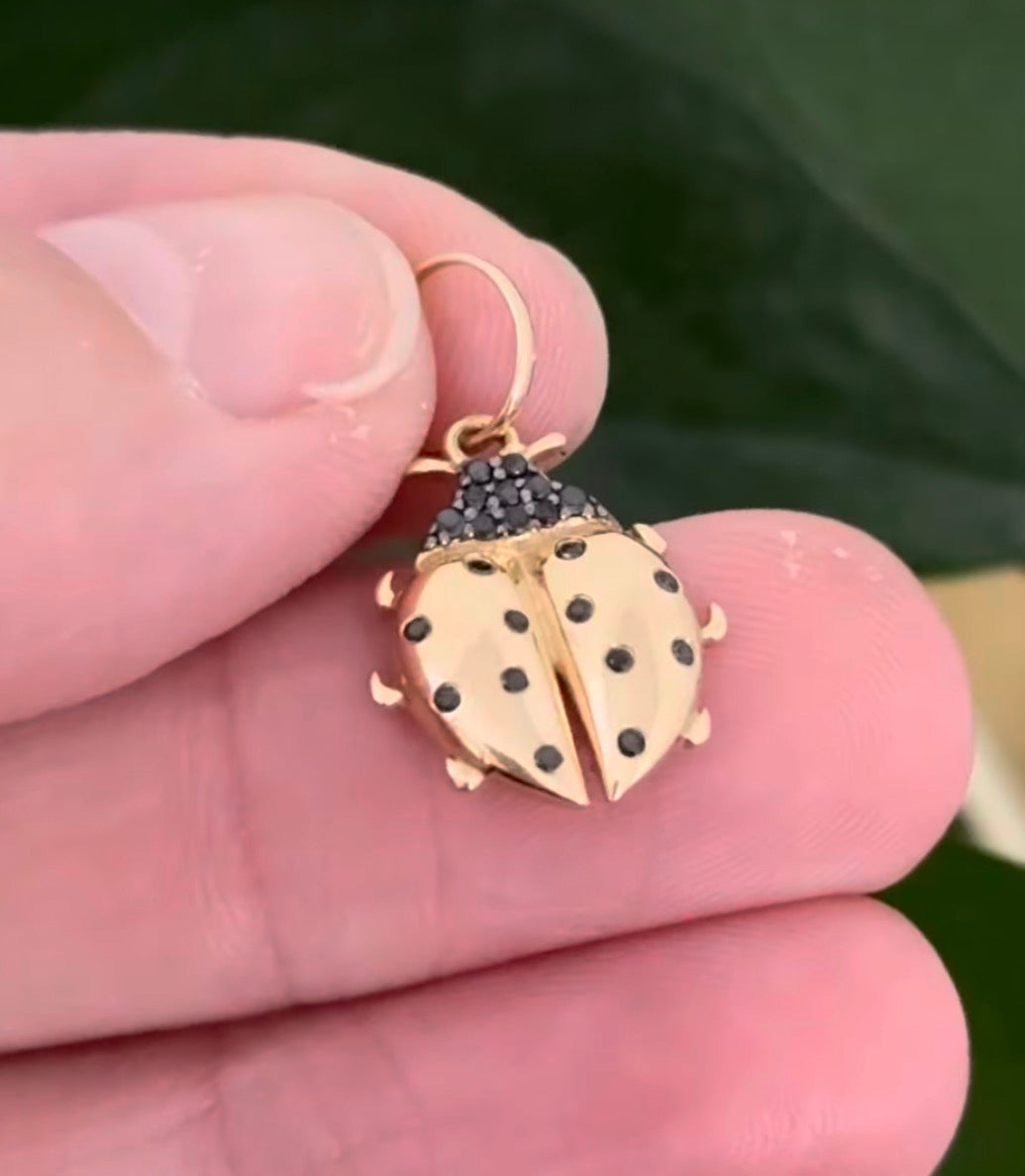 Yellow gold natural black diamond ladybug pendant