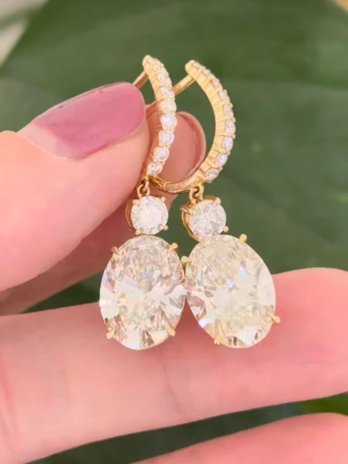 Yellow gold oval and round lab diamond latch back dangle earrings