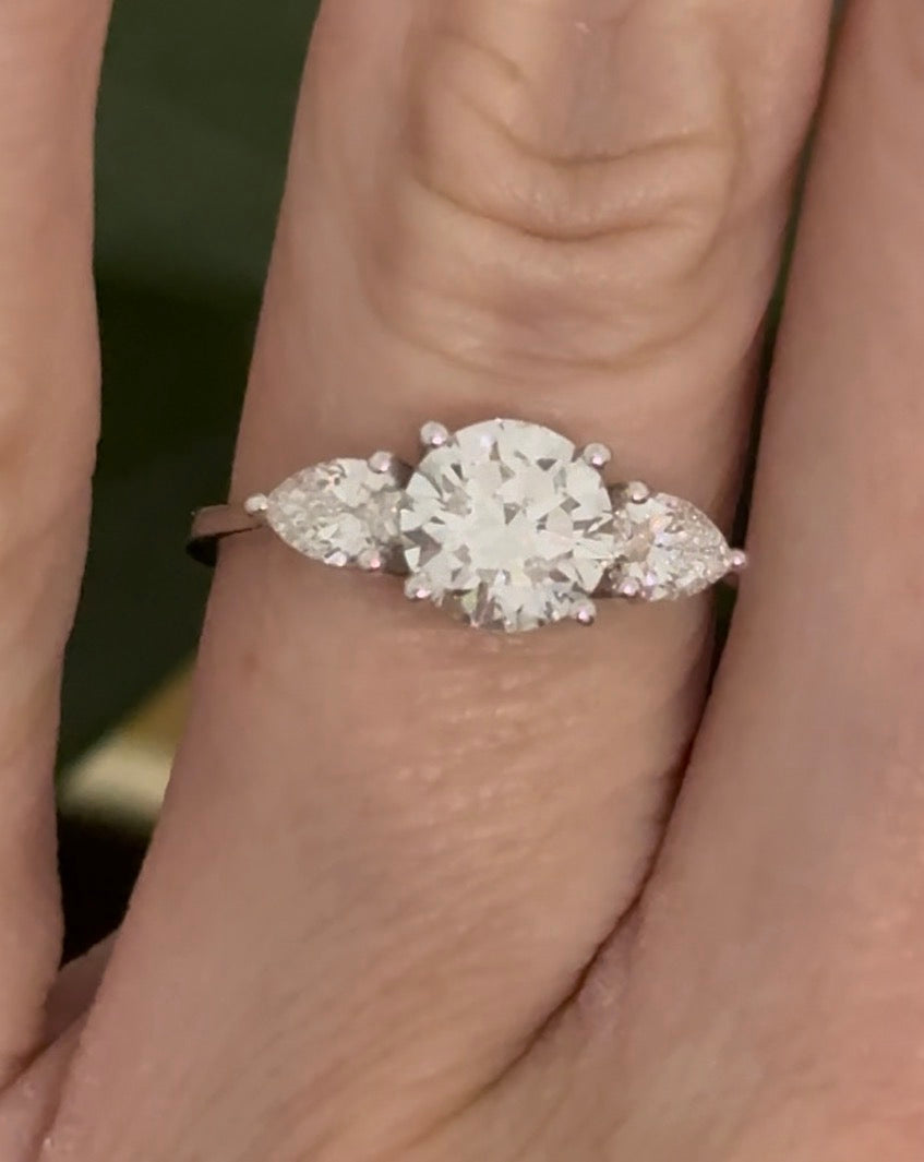 White gold round and pear shape lab diamond ring