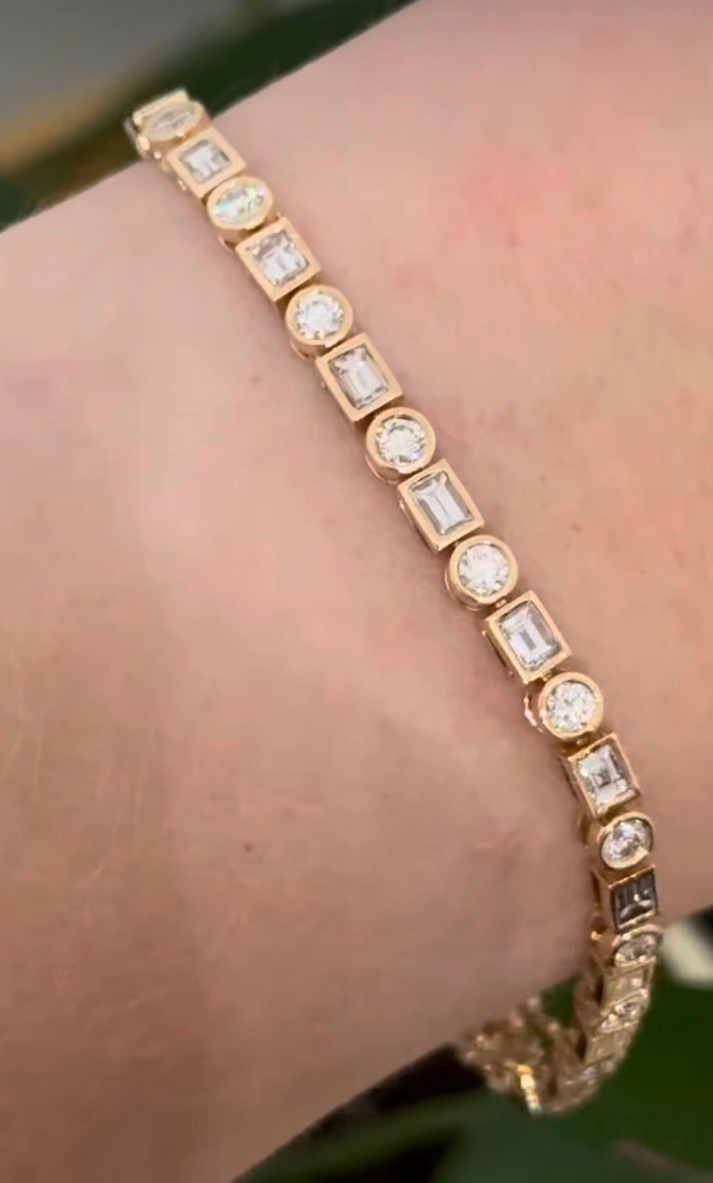 Yellow gold bezel set 3.81ct emerald cut and round natural diamond bracelet