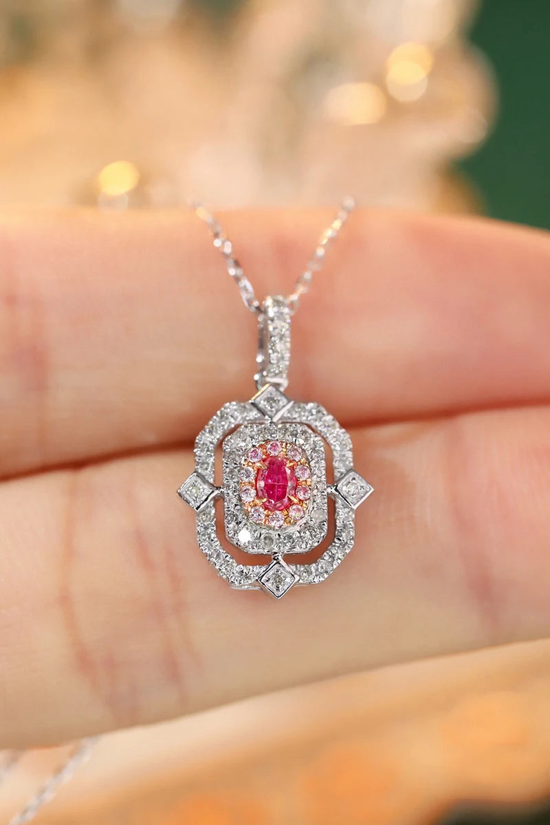 18K White Gold Real Natural Pink Diamond Pendant Necklace for Women
