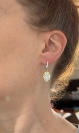 Oval lab diamond latch back earrings. Lab diamonds are set in yellow gold and earrings are white gold.