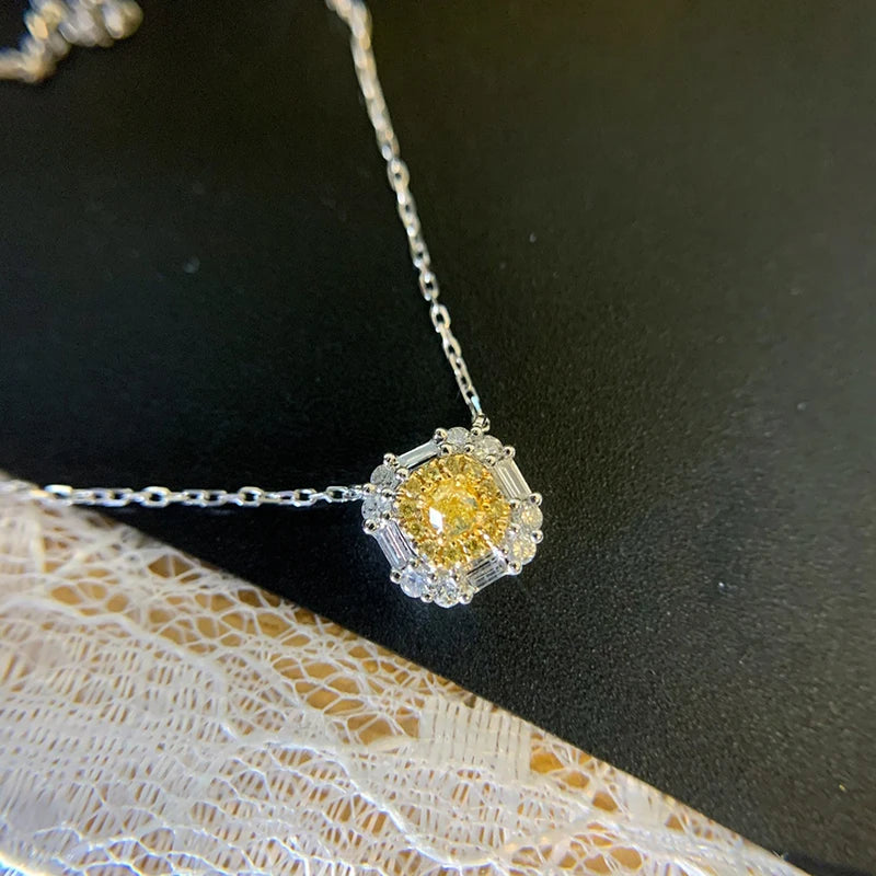 18K White Gold Real Natural Yellow Diamond Pendant Necklace