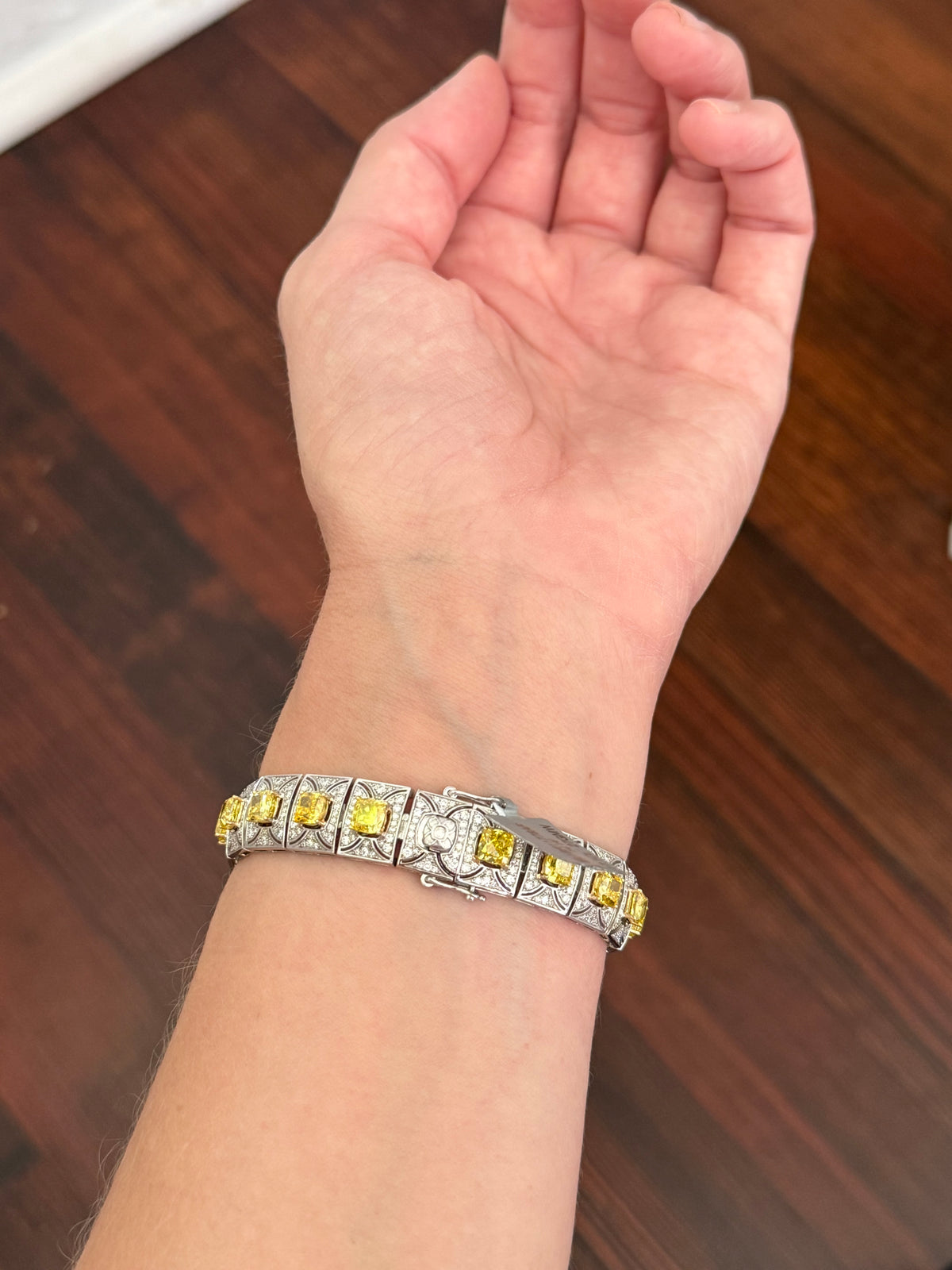 White gold 17.1ct cushion yellow lab diamond and round white lab diamond bracelet