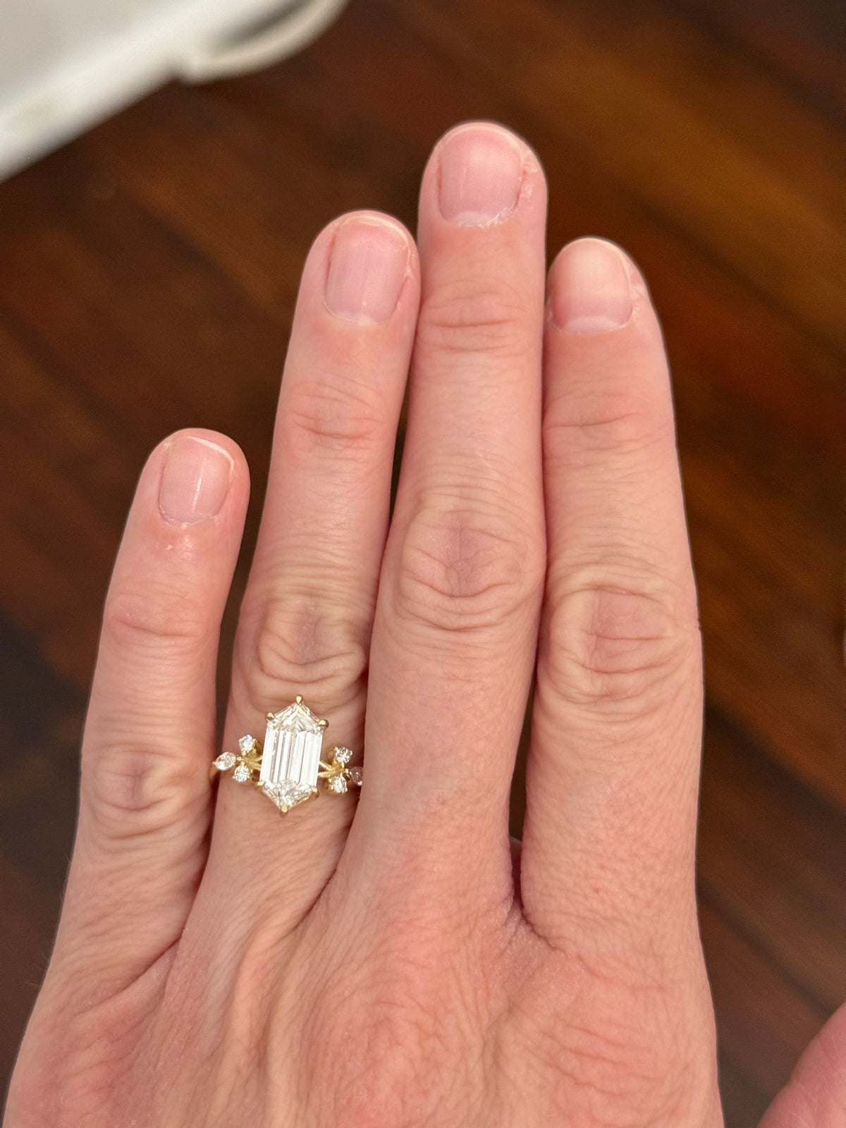 Yellow gold IGI certified 2.69ct step cut duchess cut lab diamond and marquise and round lab diamond ring. Duchess cut measures 12.69x6.28x4.05mm