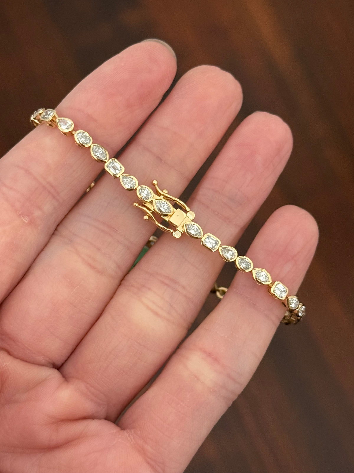Yellow gold bezel set 3.7ct marquise, oval, pear shape and emerald cut natural diamond bracelet