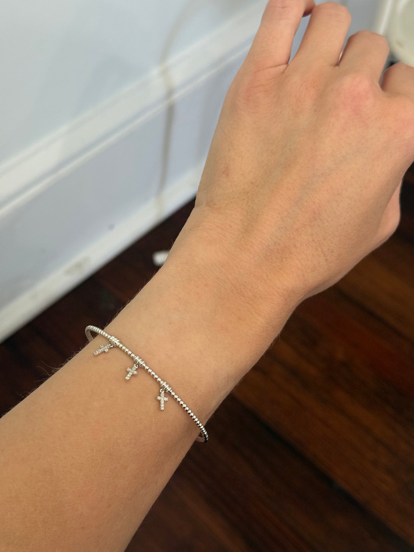 White gold natural diamond dangling cross flex bracelet