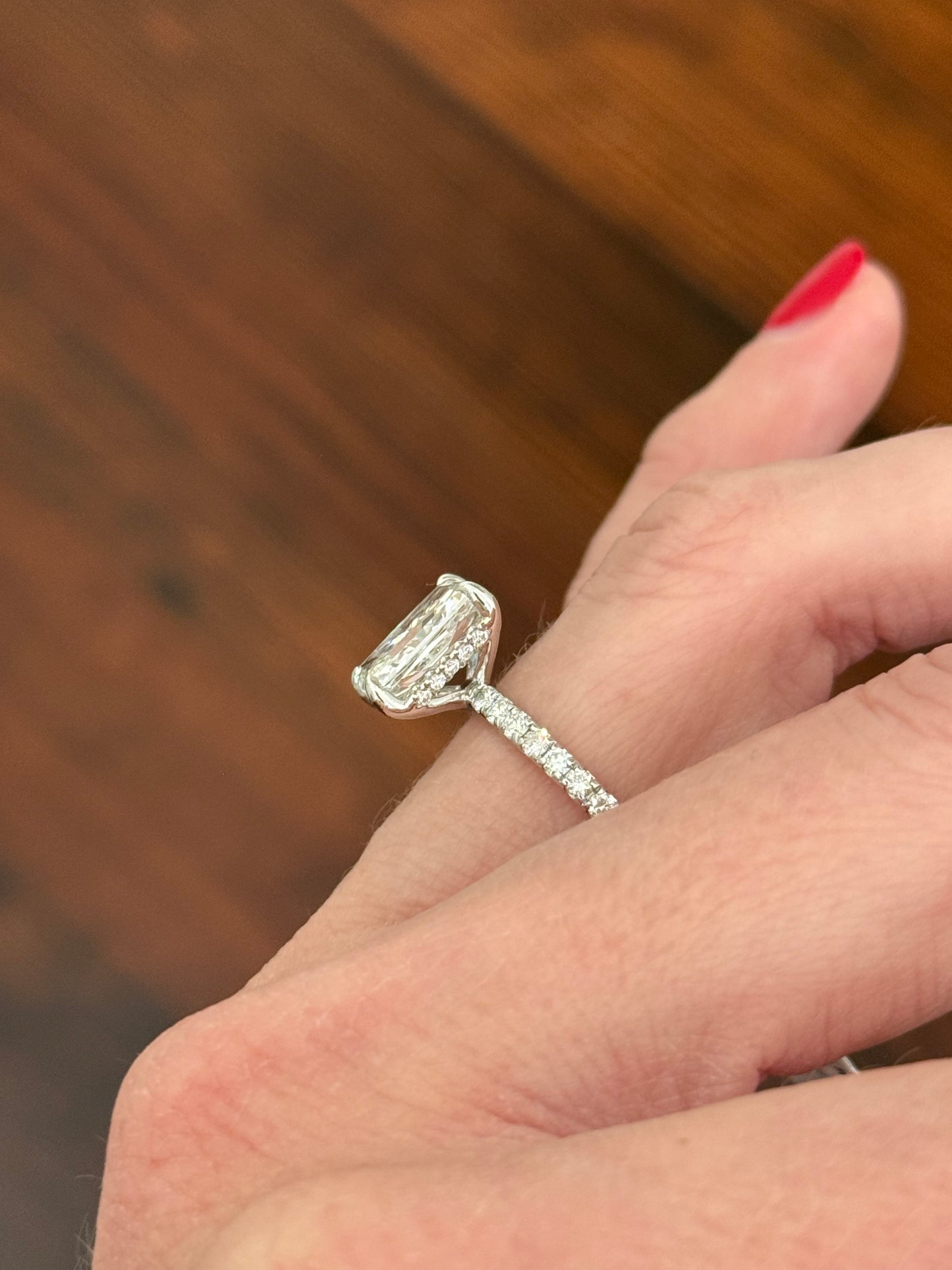 White gold radiant lab diamond ring. Center stone is IGI certified and 3.0cts E VVS2