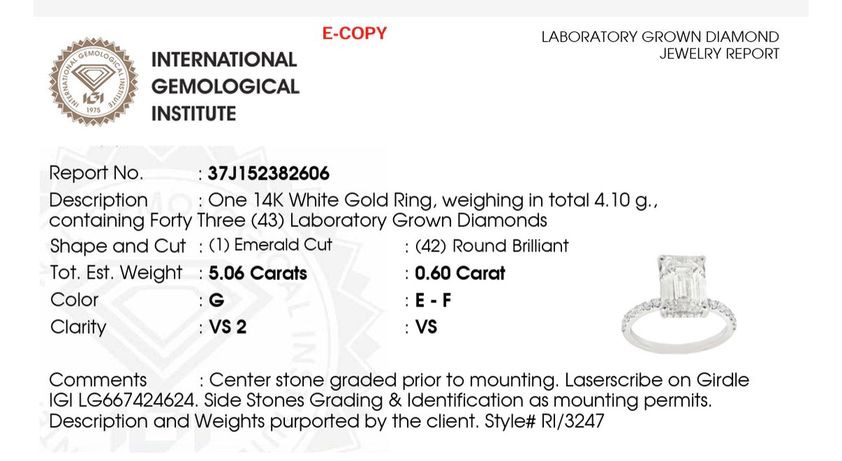IGI certified emerald cut and round lab diamond ring. Center stone is 5.06cts