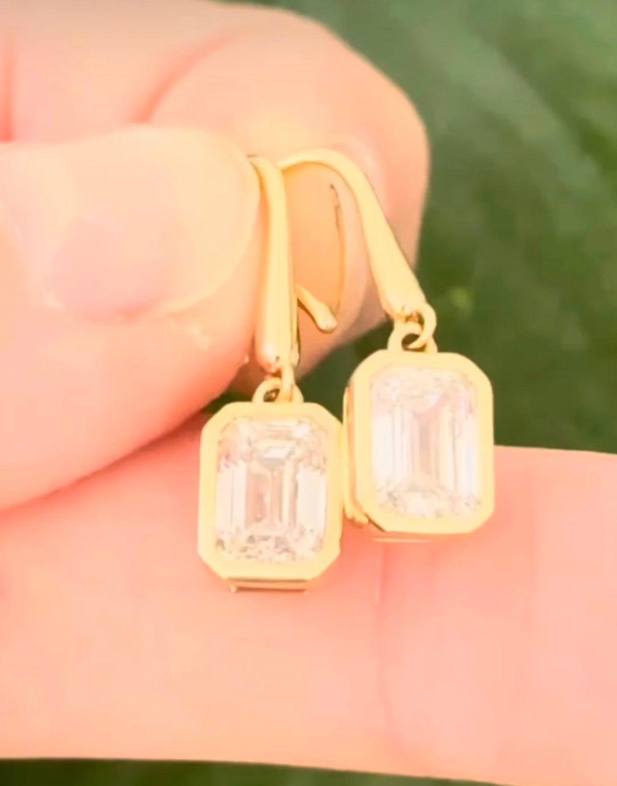 Yellow gold emerald cut lab diamond hook back earrings