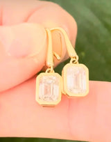 Yellow gold emerald cut lab diamond hook back earrings