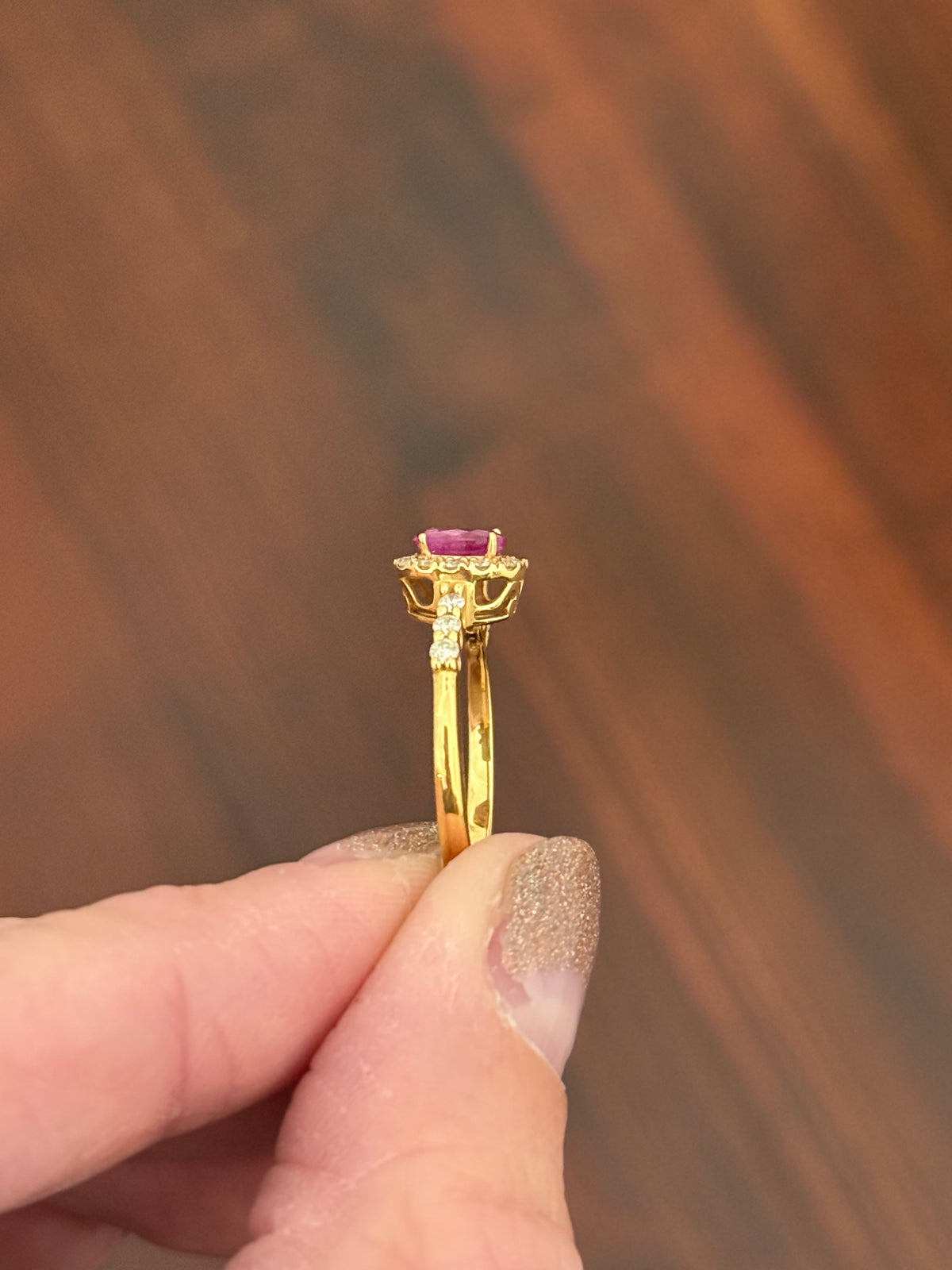 Yellow gold natural ruby and diamond ring
