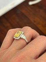White gold radiant yellow lab diamond and baguette and round lab diamond ring