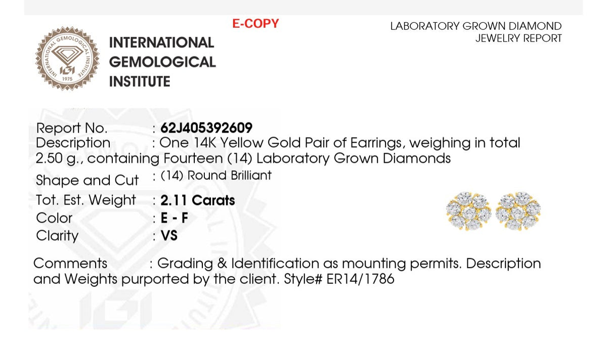 IGI certified yellow gold 2.11ct lab diamond earrings with push backs