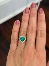 White gold heart shape lab emerald and round lab diamond ring