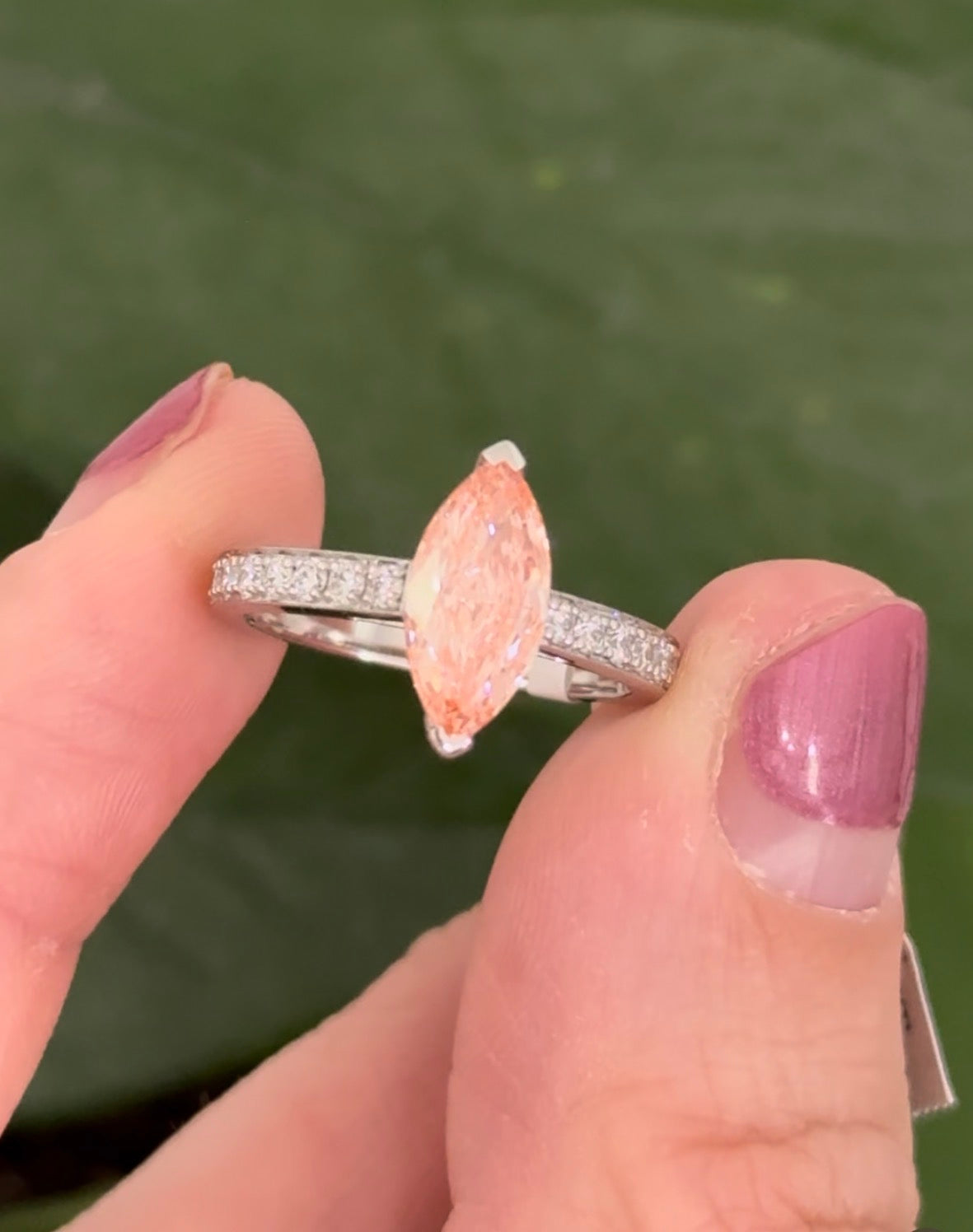 White gold marquise pink lab diamond and round white lab diamond ring