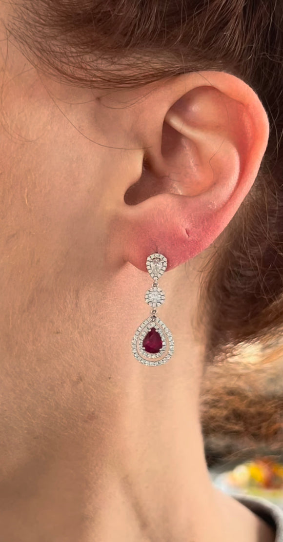 Natural White gold pear ruby and pear and round diamond dangling earrings