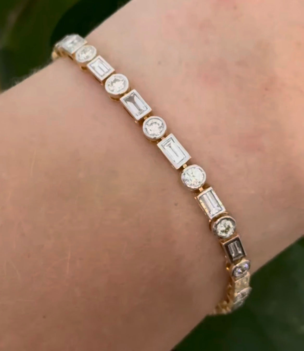 Yellow gold with white gold bezel setting 4.85ct baguette and round natural diamond bracelet