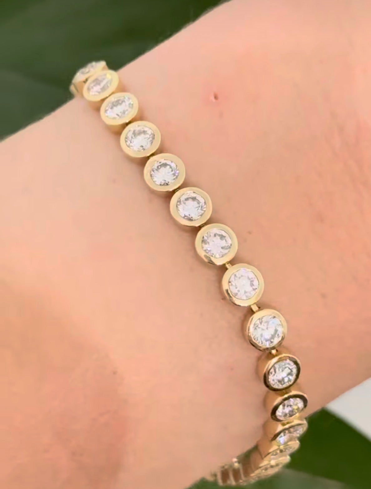 Yellow gold bezel set 8.65ct lab diamond tennis bracelet